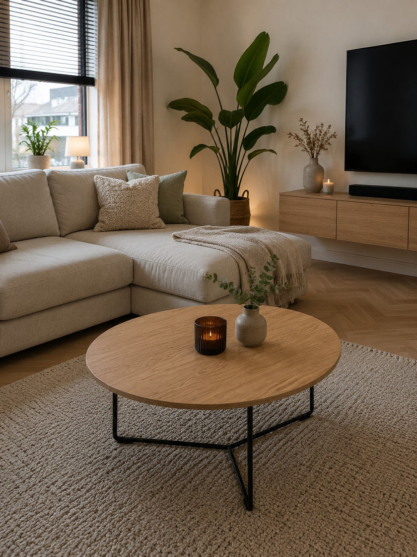 ronde salontafel eiken in een moderne woonkamer op een kleed