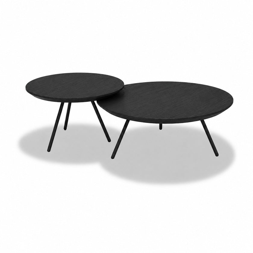 Ronde salontafel Nova met zwarte eiken tafelbladen en zwarte metalen poten