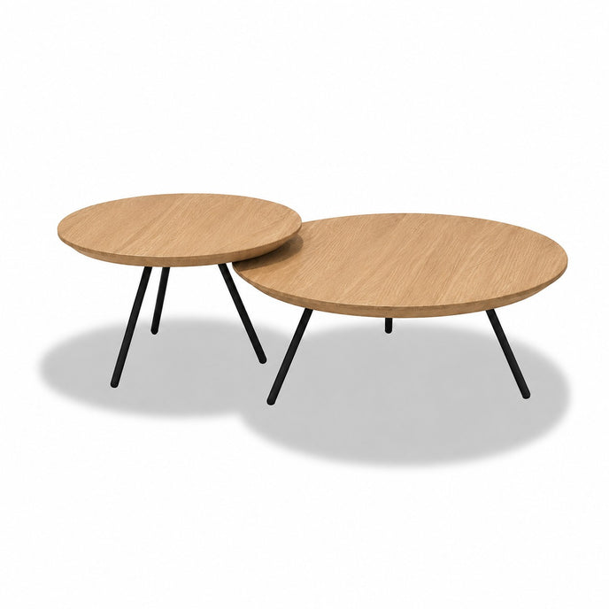 Ronde salontafel Nova met naturel eiken tafelbladen en zwarte metalen poten