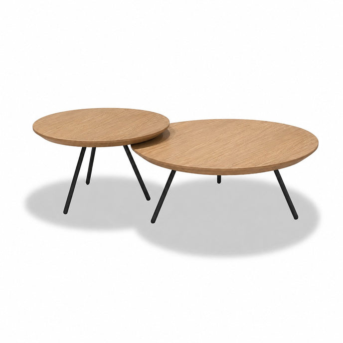Ronde salontafel Nova met transparant eiken tafelbladen en zwarte metalen poten