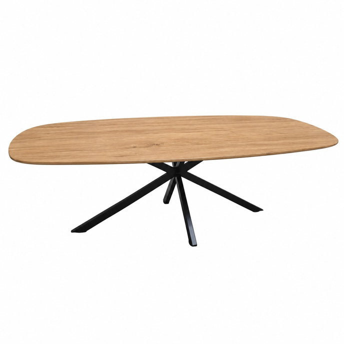 Salontafel ovaal Facet met transparant afgewerkt houten blad en zwart stalen spinpoot.