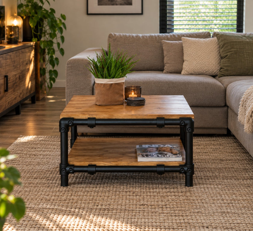 salontafel steigerbuis rivier in een moderne woonkamer op een kleed geplaatst