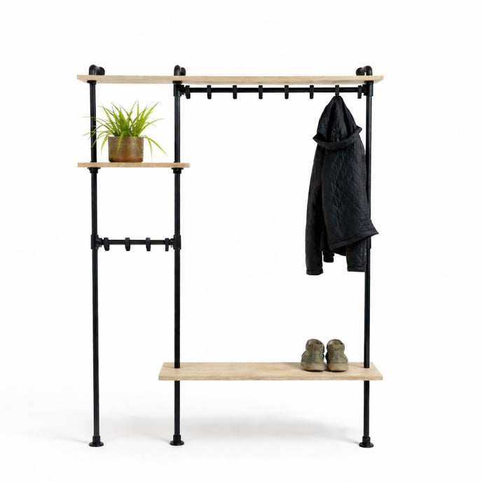 Zwarte steigerbuis kapstok met onbehandeld eikenhout, kledingroede en schoenenplank