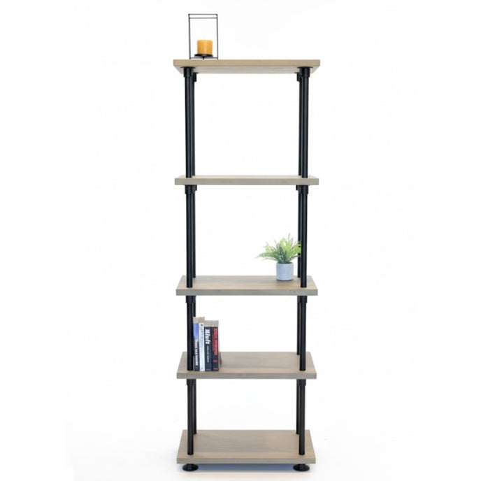steigerbuis kast zwart met houten legplanken en open vakken