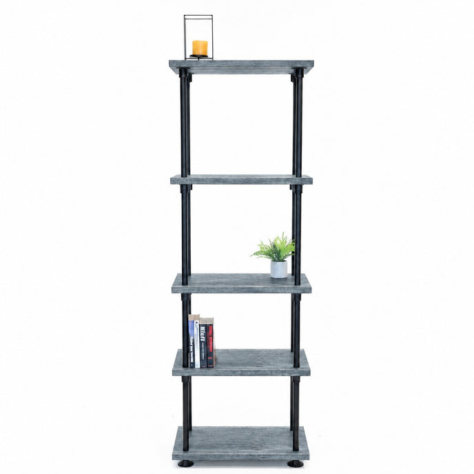 Industriële open kast zwart met steigerbuis frame en houten opbergplanken