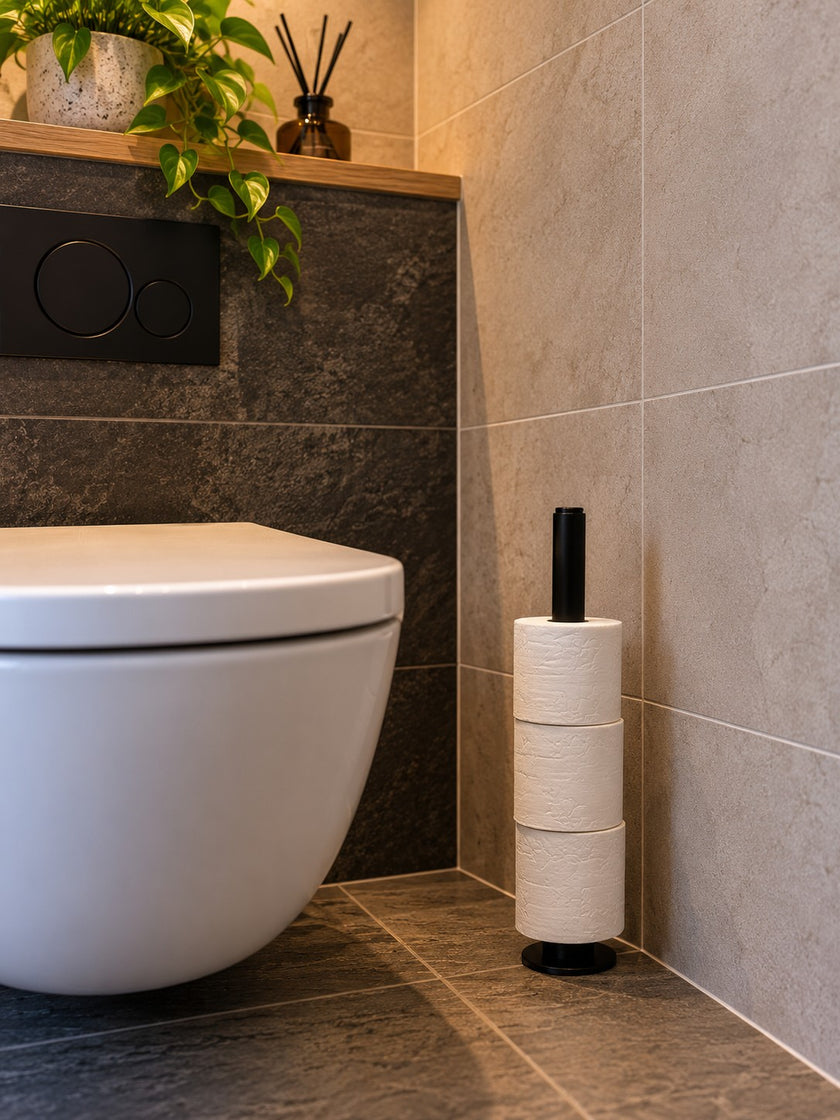 Steigerbuis toiletrol staander Zwart van industrieel staal met drie toiletrollen, vrijstaand naast een modern wit toilet in een sfeervolle industriële toiletruimte.