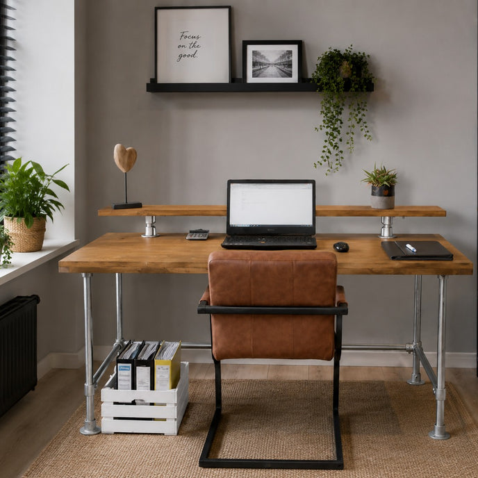 vintage bureau knap met verzinkte buizen en een vurenhoutenblad in de kleur bruin