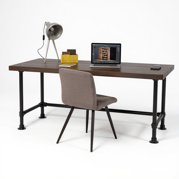 Vintage bureau puur met zwart gebeitst houten blad en zwart stalen buisframe, industrieel design bureau