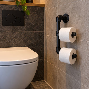 WC rolhouder industrieel Duo van zwart staal met twee toiletrollen, aan de muur gemonteerd naast een modern wit toilet in een sfeervolle industriële toiletruimte.