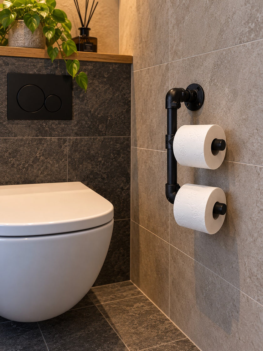 WC rolhouder industrieel Duo van zwart staal met twee toiletrollen, aan de muur gemonteerd naast een modern wit toilet in een sfeervolle industriële toiletruimte.