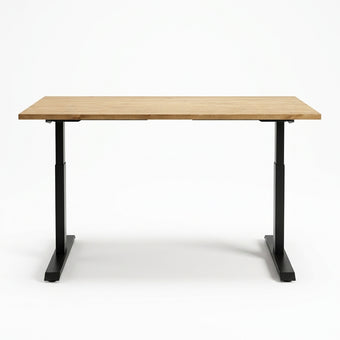 Zit sta bureau hout met bruin gebeitst vurenhouten blad en zwart verstelbaar metalen onderstel.
