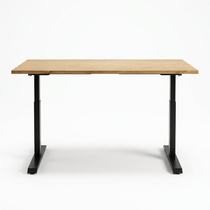Zit sta bureau hout met bruin gebeitst vurenhouten blad en zwart verstelbaar metalen onderstel.