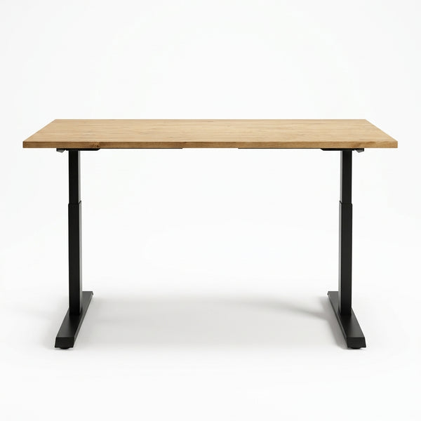 Zit sta bureau hout met bruin gebeitst vurenhouten blad en zwart verstelbaar metalen onderstel.