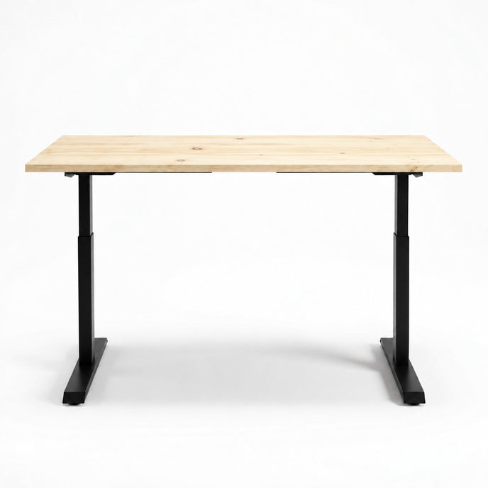 Zit sta bureau hout met onbehandeld vurenhouten blad en zwart verstelbaar metalen onderstel.