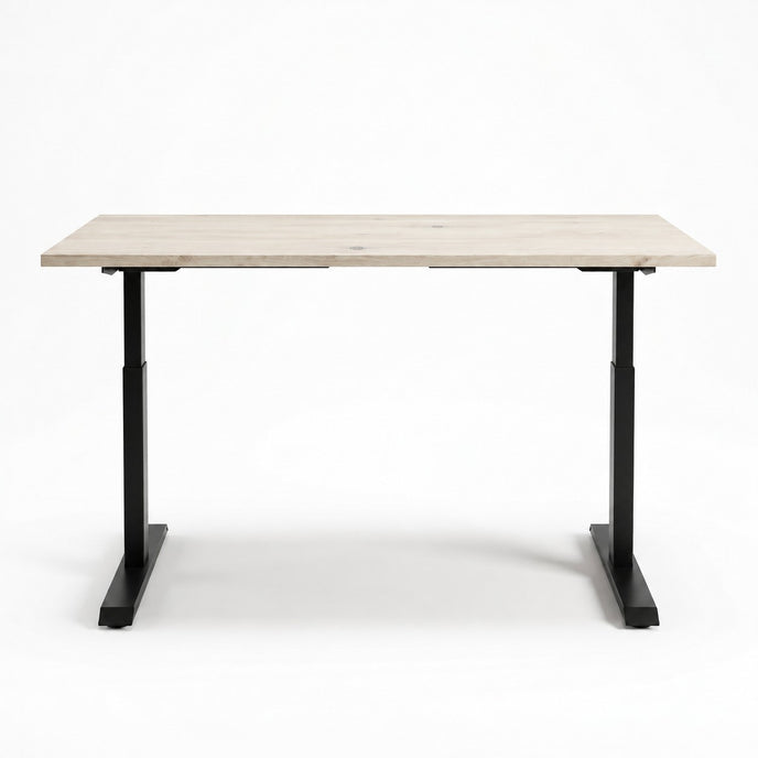 Zit sta bureau hout met wit gebeitst vurenhouten blad en zwart verstelbaar metalen onderstel.